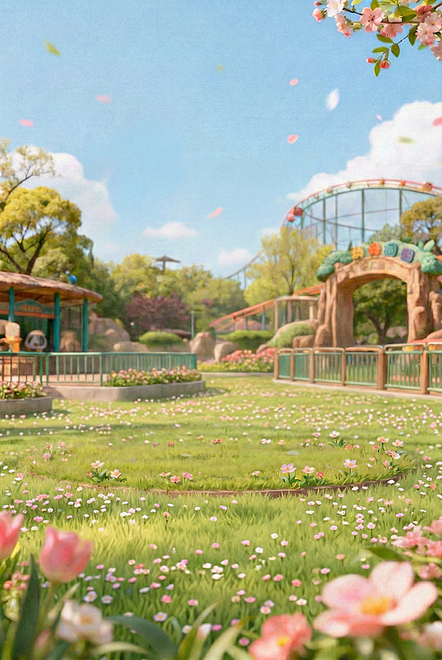 将地面全部替换为嫩绿的草坪，草坪上点缀着粉色、白色的小野花，保持原有的春日动物园背景元素
