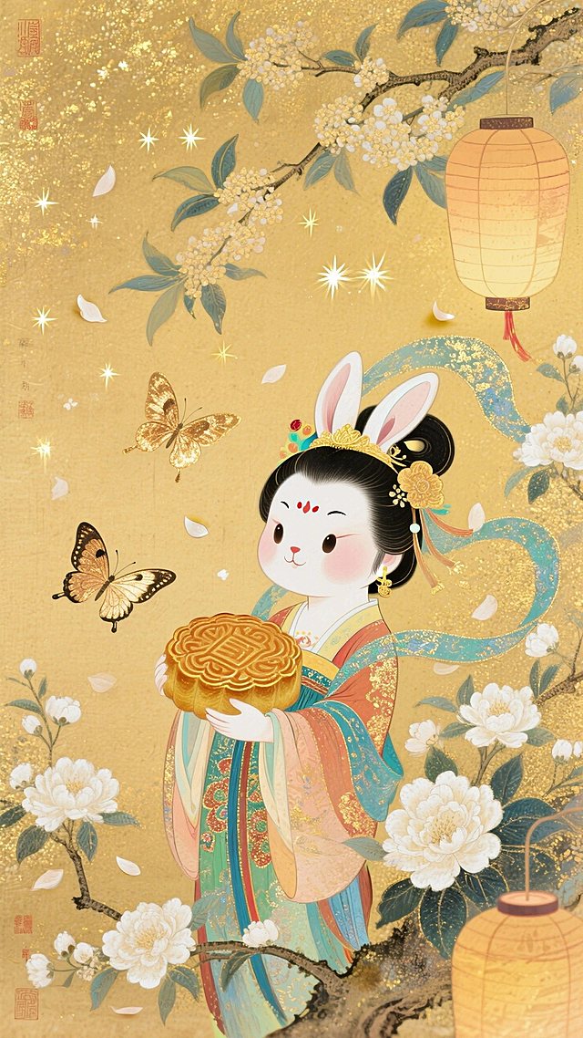 画面中心是一只身着嫦娥服饰的卡通玉兔抱着月饼，周围环绕着桂花、白色花朵等花卉，还有金色蝴蝶飞舞，背景为暖黄色调，点缀星星、桂花枝、小灯笼