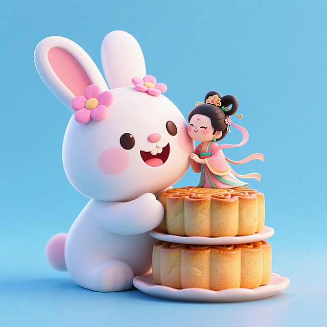 3D卡通风格，可爱兔子与中式拟人少女共庆中秋，月饼点缀，温馨喜庆。