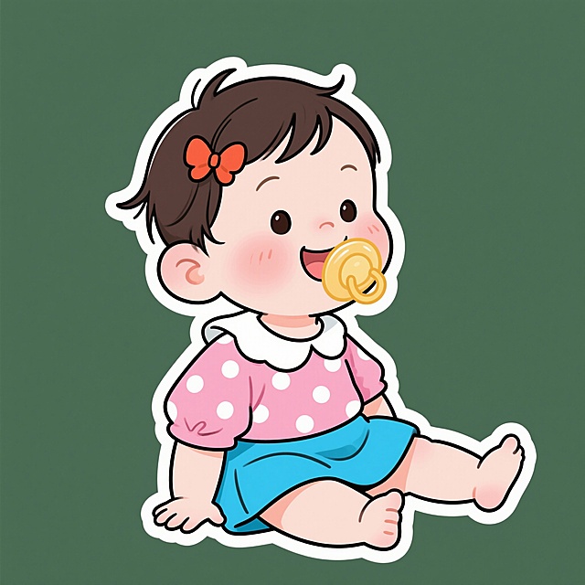 卡通贴画图，一位穿着水粉色打底，白色波点点缀的上衣娃娃领衬衫，水蓝色宽松短裙的婴儿坐在地上，这个婴儿刚满6个月，她的嘴巴含着透明黄色的奶嘴，侧面，表情开心，刘海夹着橘红色色的蝴蝶夹子，头发的一些碎发微微翘起来，眼睛圆圆的，棕褐色的眼睛，圆圆的，整体干净整洁，线条流畅，纯白色背景，边线线条与色调相协调，线条流畅，纯线条简笔画，纯白色背景