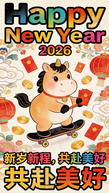 小马开心的拿着红包玩滑板，身旁还有红包、金币、灯笼等新年相关元素，潮流插画，轮廓描边，上方有英文 “Happy New Year 2026”，下方配有中文 “新岁新程，共赴美好”，采用了波普风的设计，预览效果