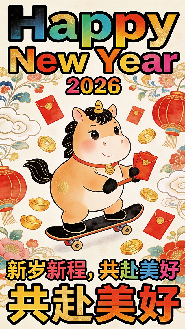 国潮插画风，拟人化小马踩滑板送红包，融合传统纹样与现代元素，喜庆卡通感十足，噪点印刷质感增强节日氛围。