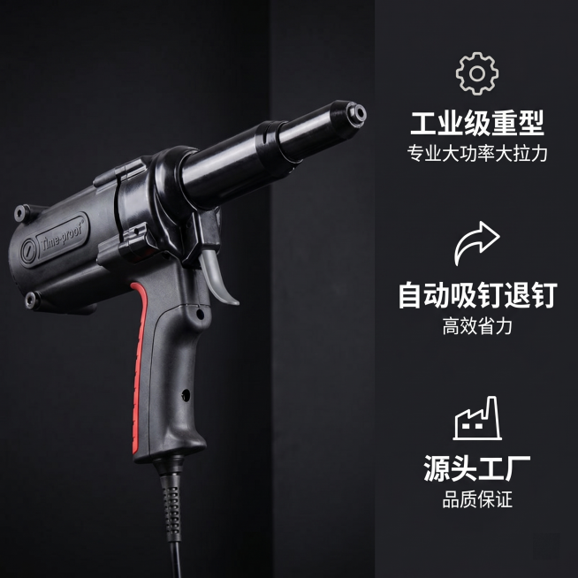 [主图 2] 特倍孚电动拉钉枪核心卖点展示。
[氛围风格] 五金工具工业风，简约高级，硬核质感，和首张风格光影配色完全统一
[画质] 商业摄影质感、硬朗光线、产品清晰真实、画面干净高级、2k超高清。预览效果