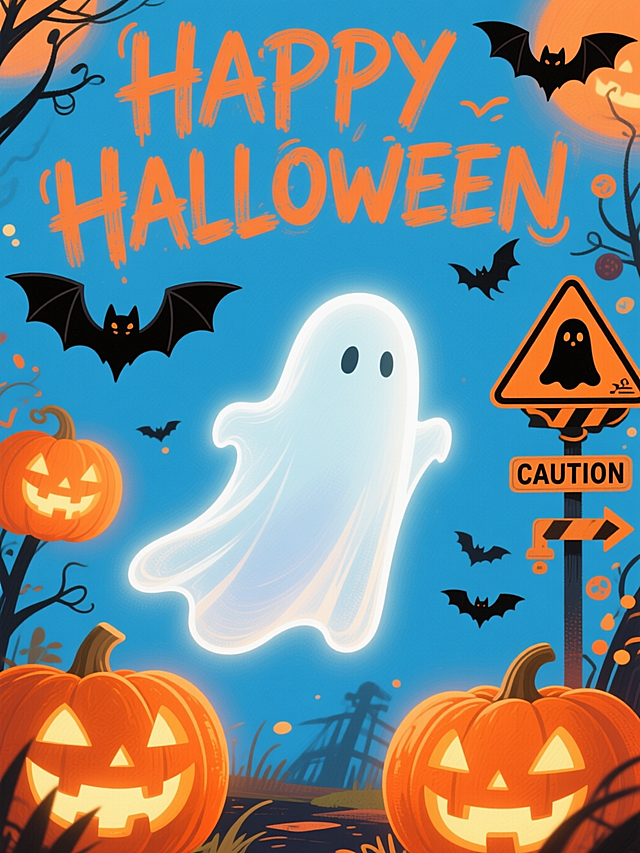 平涂风格，蓝橙色调。主视觉是一只白色幽灵。顶部有手写风格的 “HAPPY HALLOWEEN”。点缀南瓜灯、蝙蝠等元素。右侧搭配带有 “CAUTION” 字样及幽灵图案的警示路牌、箭头标识等小元素。