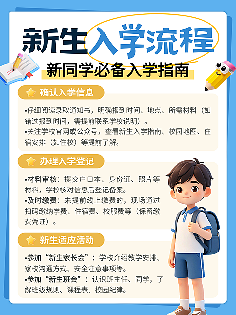 3d卡通风新生入学流程攻略分享小红书配图