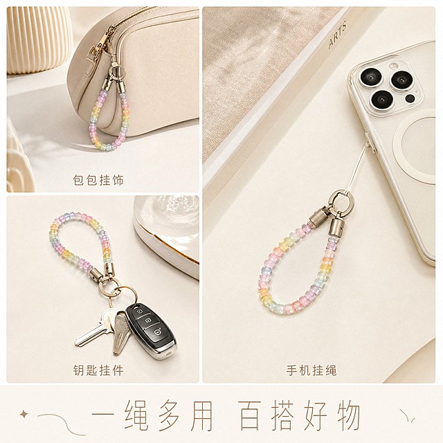 [主图-5] 多场景百搭展示，体现挂绳的多种使用方式与搭配效果。
[统一基调] 奶油米白背景，浅香槟金点缀，柔光箱打光，精致轻奢风格，字体为纤细文艺无衬线体，标题字色为浅奶茶棕，辅助字色为暖灰色，整体干净通透。
[画面] 画面采用三宫格小图布局，分别展示三种使用场景：左上小图展示挂在包包拉链上作为包挂饰，左下小图展示挂在钥匙上作为钥匙链，右侧大图展示挂在手机上的主效果。每张图中挂绳都保持马卡龙渐变猫眼石的外观一致。背景统一为奶油米白色调。
[光影质感] 商业产品摄影质感，每个小场景都有柔和均匀的光线，挂绳珠子通透有光泽，整体色调统一。
[配色] 背景奶油米白，挂绳马卡龙渐变，各场景物品颜色柔和不突兀，整体色调协调统一。
[文字版式] 每个小图下方有小号文字标注用途："包包挂饰" "钥匙挂件" "手机挂绳"，底部有一行主标题 "一绳多用 百搭好物"，文字均为浅奶茶棕色，清晰可读。
[输出要求] 1:1正方形，2048x2048，三宫格布局清晰，挂绳外观统一，无变形、错字、模糊、水印、平台Logo。