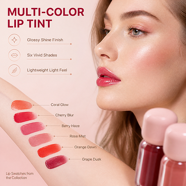 [主图-1] 多色唇釉唇彩（MULTI-COLOR LIP TINT）首图，唯一任务：以模特上唇妆效 + 多色试色建立第一印象，并点名三个产品优势。
[统一基调] 风格=跨境美妆商业摄影柔光通透高级感；标题字=干净无衬线粗体、正常字宽不拉伸；正文字=同一字体外观的小号无衬线；主色=奶油白与浅粉；背景延展=奶油白到浅粉同色渐变并带细腻纸张柔雾质感；强调色=玫瑰金色仅用于细线引线、小图标与色号圆点；标题色=深莓红；正文色=暖灰棕；组件=圆角浅底信息卡、细金引线、圆形色号卡；光影=左前侧大柔光加右侧弱补光。
[画面] 1:1方形，左右分栏式构图：右侧五分之三为模特面部特写（欧美成人女性，25-30岁），侧臉朝左、唇部涂有玫红唇彩、唇面呈现饱满镜面光泽，皮肤纹理真实；左侧五分之二留出文案空间，左前方一只手臂（与模特同一人）从画面左下斜向伸入、前臂覆盖六道条状试色，色序依次为 Coral Glow 橙、 Cherry Blur 红、 Berry Haze 莓粉、 Rose Mist 玫瑰、 Orange Dawn 橘红、 Grape Dusk 深莓，试色块边缘自然、色准高；右下角前景虚化放入两支唇釉产品（粉色圆盖 + 透明几何瓶身）。模特与手臂试色占画面约七成。
[光影质感] 左前侧大柔光做主光、右侧弱补光，唇面镜面高光细腻，肤色清透自然不油光，试色块有透亮反光，背景为柔和奶油浅粉渐变。
[配色] 主色=奶油白与浅粉；强调色=玫瑰金仅用于引线与图标；无冷蓝无灰调；无大面积重色底。
[文字版式] 主标题粗体 "MULTI-COLOR LIP TINT" 置于左上部留白；主标题下方三行产品优势，每行一个玫瑰金小图标配短句：Glossy Shine Finish / Six Vivid Shades / Lightweight Light Feel；右下角小字 Lip Swatches from the Collection；所有文字仅横向排版，不遮挡模特五官与唇部。
[输出要求] 1:1方形2K，面部与唇部妆效自然不夸大，六色试色准确、手臂正常、人物为欧美成人，文字清晰无错字，负向：中文、水印、乱码、品牌Logo、价格、畸形手、多余手指、面部扭曲、变形、模糊、暗沉。