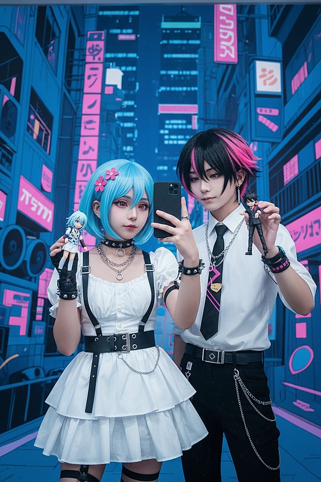 cosplayer真人写实照片，根据该图生成一张现实生活中扮演该角色的写实风格，人物所在的写实场景与原作相对应，人物一只手抬起拿着手机对着镜子正在自拍，另一只手靠近镜头托着带有与该cosplayer照片相对应的玩偶手办。手办的细节特征需精细到可清晰辨识。