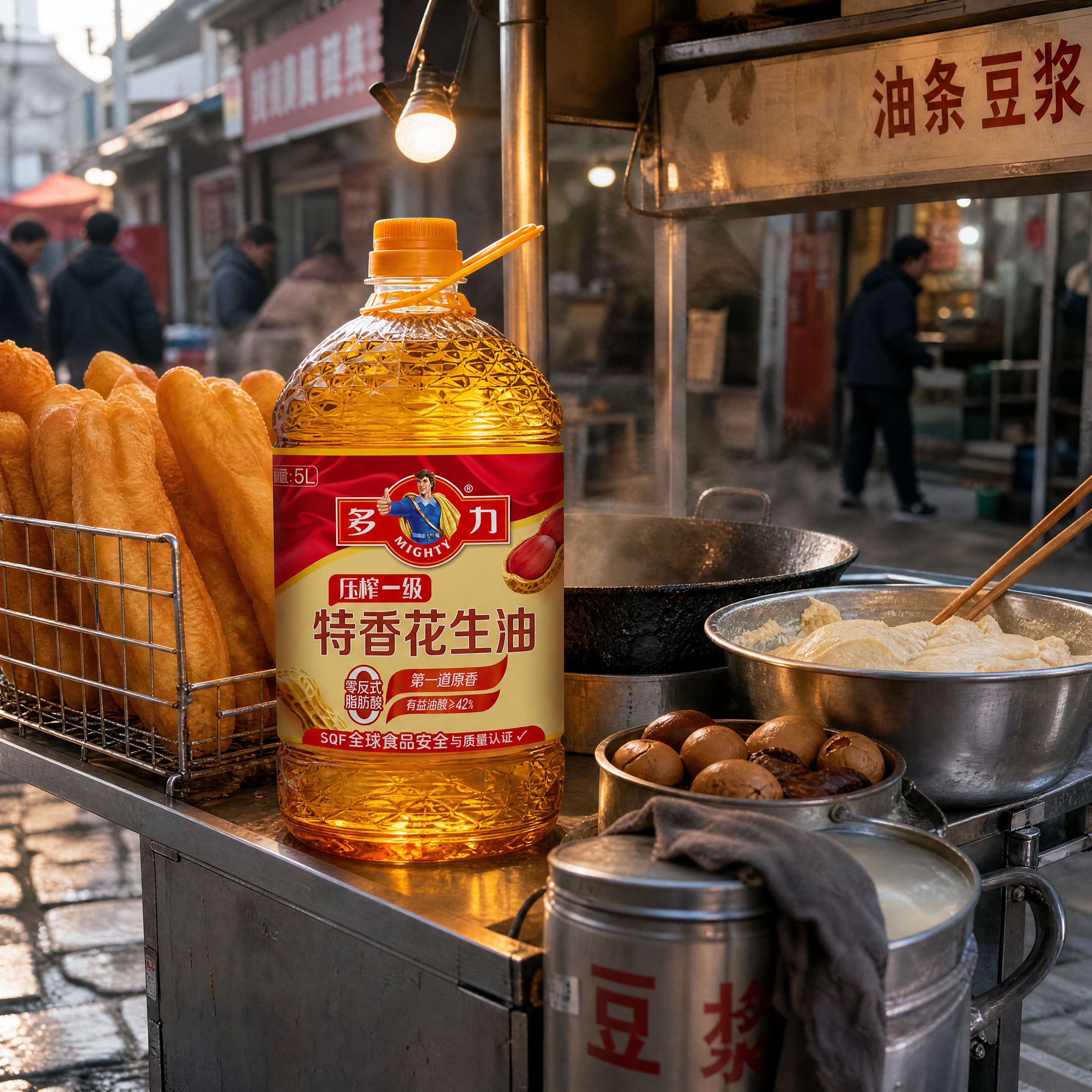 超写实早餐摊市井场景摄影。 主体：花生油桶严格参照上传产品图，… - 图片创意预览