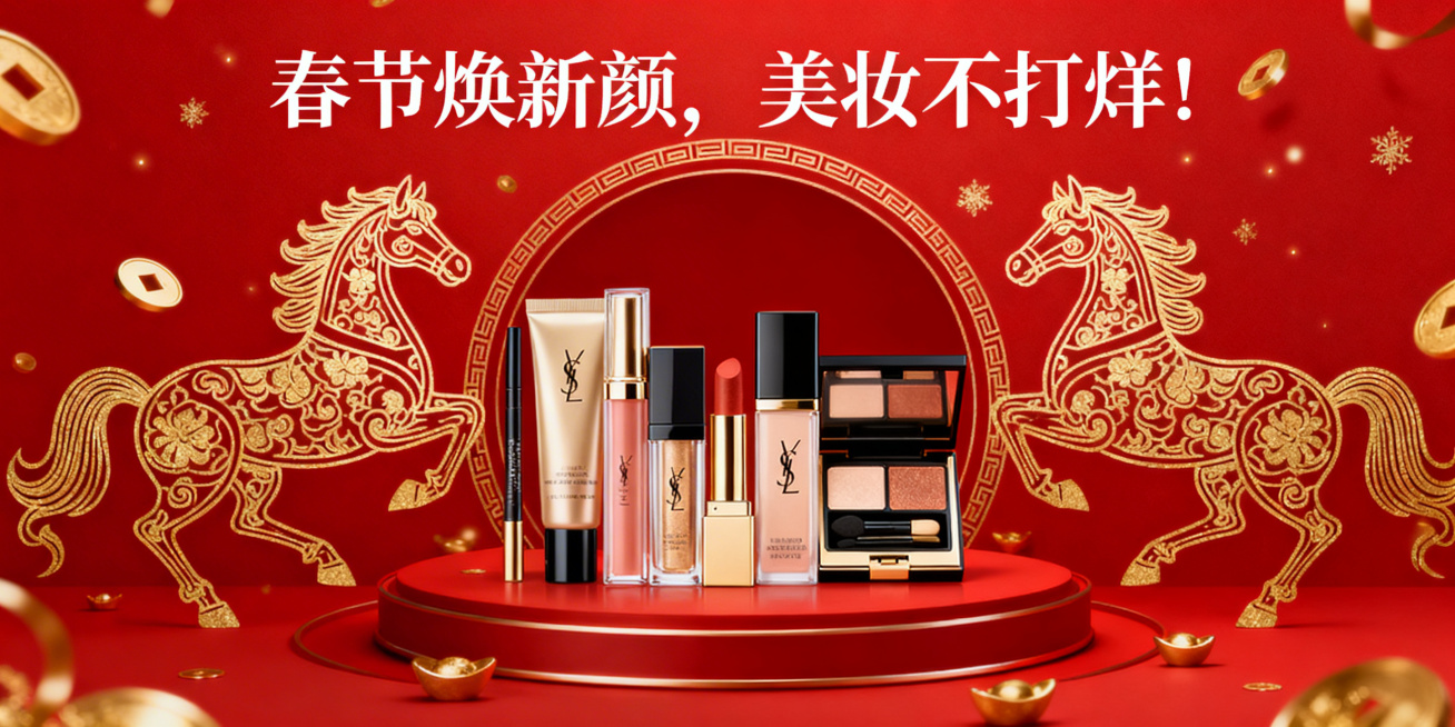 用 春节焕新颜，美妆不打烊！生成一个马年元素横板红色海报 宽2560px 高1280px预览效果