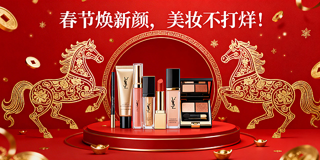 用 春节焕新颜，美妆不打烊！生成一个马年元素横板红色海报 宽2560px 高1280px