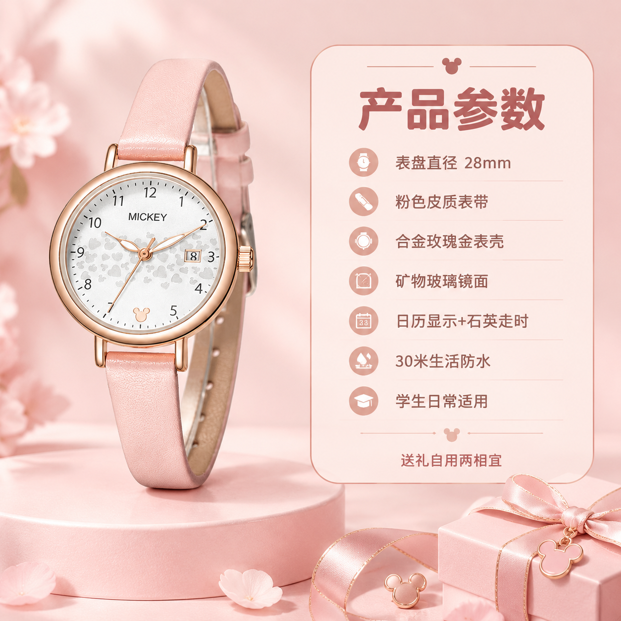 [商品] 使用【图1】迪士尼米奇联名粉色皮带腕表；保留全部结构… - 图片创意预览