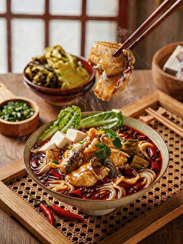 将汤底修改为麻辣口味，呈现红亮油润的麻辣红汤色泽，可以添加适量辣椒段和花椒提味，保留原画面所有食材、构图和餐具，保持真实写实的美食摄影风格