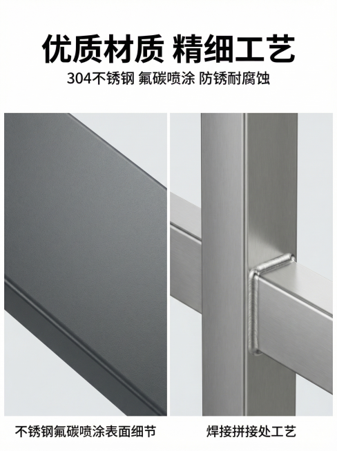 [详情图5] 不锈钢花箱围栏材质工艺细节展示，双宫格排列，左格展示不锈钢氟碳喷涂表面细节，右格展示焊接拼接处工艺，每个格子标注说明文字，干净背景。主标题“优质材质 精细工艺”，副标题“304不锈钢 氟预览效果