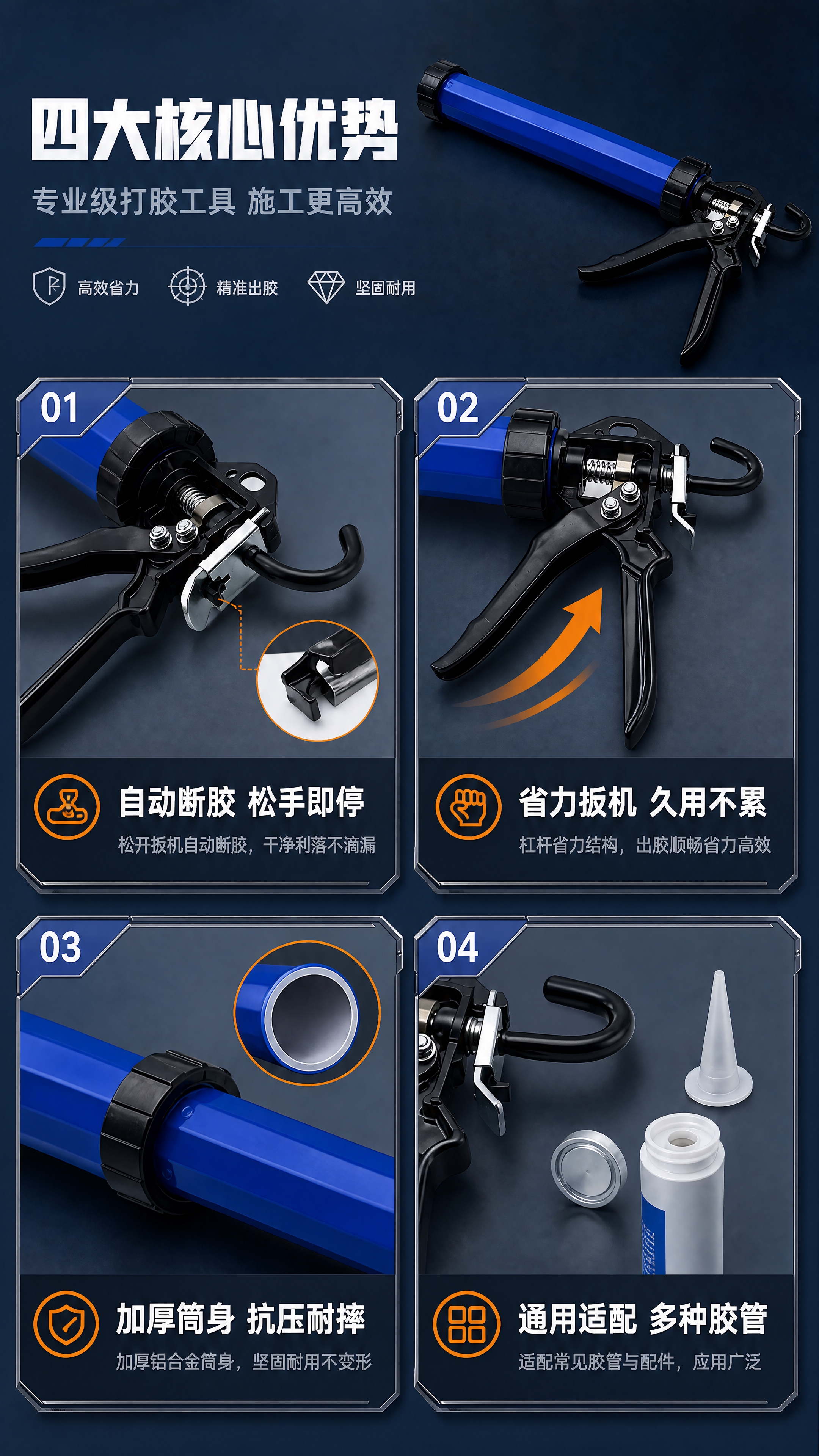 [第2张] 详情页核心卖点总览-玻璃胶枪四大优势四宫格。本张使… - 图片创意预览