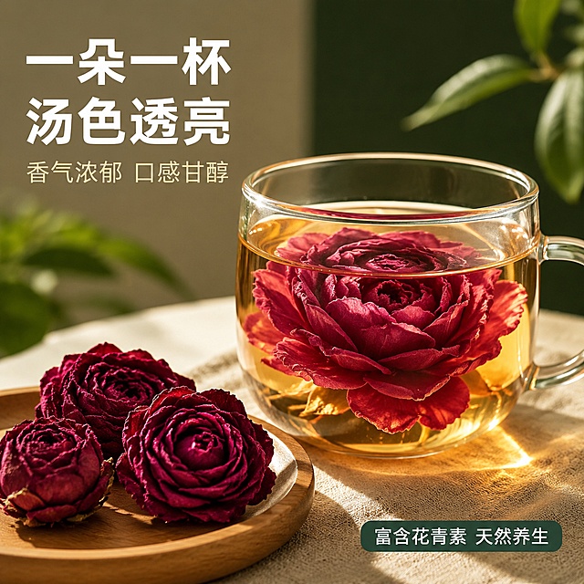 [主图-3] 冲泡场景与茶汤展示图，突出饮用效果与香气。
[氛围风格] 温馨养生风，暖调自然光，营造舒适的下午茶养生场景。
[画质] 商业摄影质感、光线柔和通透、产品清晰真实、画面干净高级、超高清细节。
[元素] 画面右侧放一只透明玻璃茶杯，杯中泡着一朵完全舒展的墨红玫瑰，茶汤呈透亮的金黄色带微粉调，玫瑰花在水中完整绽放。杯子左侧木盘上放着2-3朵冻干墨红玫瑰干花，颜色为深酒红色，质感与参考图4完全一致。背景为浅米色+深墨绿色拼接的温馨场景，有模糊的绿植叶片点缀，营造自然养生氛围。左上角留出负空间放文案。**保持冻干墨红玫瑰干花外观（即物理结构、材质质感、颜色）与输入产品图4完全一致，杜绝任何变形和色差，精细化处理；冲泡后的玫瑰花保持花型完整、颜色自然舒展**。商品主体占比约60%。画面满屏无边框。
[光影] 右侧自然光斜射，透过玻璃茶汤呈现通透金黄光泽，杯壁有轻微高光，干花花瓣纹理清晰。整体暖调柔光，温馨舒适。
[配色] 主色深酒红（玫瑰干花）+金黄（茶汤）；辅色墨绿（背景点缀）+米白（文字）+木色（托盘）。
[视角构图] 45度斜侧平视，玻璃杯与干花为视觉中心；前中后景分层，景深中等偏浅，背景虚化突出主体。
[文字版式] 左上负空间左对齐，两行主文案。大字主文案「一朵一杯 汤色透亮」，白色超大号粗黑体；第二行「香气浓郁 口感甘醇」，浅金色中号细体。右下角小标签「富含花青素 天然养生」，深绿底白字圆角小标签。
[输出要求] 1:1比例，文字清晰锐利，画面超高清商业摄影质感。
[负向提示词] 变形，文字错乱，产品图模糊，背景杂乱，水印，电商平台Logo，手指，人物。