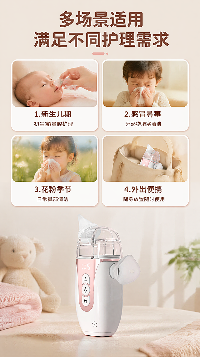 [第5屏] 分场景适用说明展示屏。
[氛围/风格] 温馨生活化母婴场景，柔和自然光，真实居家氛围，整体干净简洁。
[元素布局] 顶部主标题，下方分四个场景卡片，排列展示不同使用场景，每个场景搭配小图和文字说明。产品主图放置在底部居中位置，使用图5的产品渲染图，保持产品外观结构颜色一致。
[光影质感] 整体光线柔和自然，场景温馨，每个场景卡片都有柔和边框和阴影，层次感强。
[配色色系] 全局底色：#f5eae0；场景卡片底色：白色；文字：深棕#8b5a4b，延续整体暖色调。
[视角构图] 竖向通屏，从上至下：标题 + 2行2列场景卡片 + 底部产品主图，排版均衡。
[文字版式] 顶部主标题「多场景适用
满足不同护理需求」居中加粗展示。四个场景卡片分别标注：1. 「新生儿期」- 初生宝宝鼻腔护理；2. 「感冒鼻塞」- 分泌物堵塞清洁；3. 「花粉季节」- 日常鼻部清洁；4. 「外出便携」- 随身放置随时使用。每个卡片标题醒目，说明文字清晰，不遮挡产品。
[比例分辨率] 9:16竖版比例，4K超高清分辨率，文字清晰可辨。
[负向提示词] 产品变形，结构错误，颜色偏差，文字模糊，水印，医疗化宣传，绝对化用语。