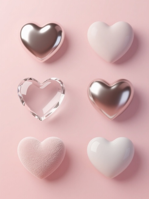 6个不同材质的3D心形物体以规整矩阵排布，保持简约现代造型，每个心形拥有独特质感（如光滑亮面、磨砂哑光、金属光泽、透明水晶、绒布纹理、陶瓷质感等），整体采用纯浅粉色背景，无任何文字、logo及水印，光线柔和均匀，突出心形的立体形态与材质差异，风格统一为简洁3D设计。预览效果