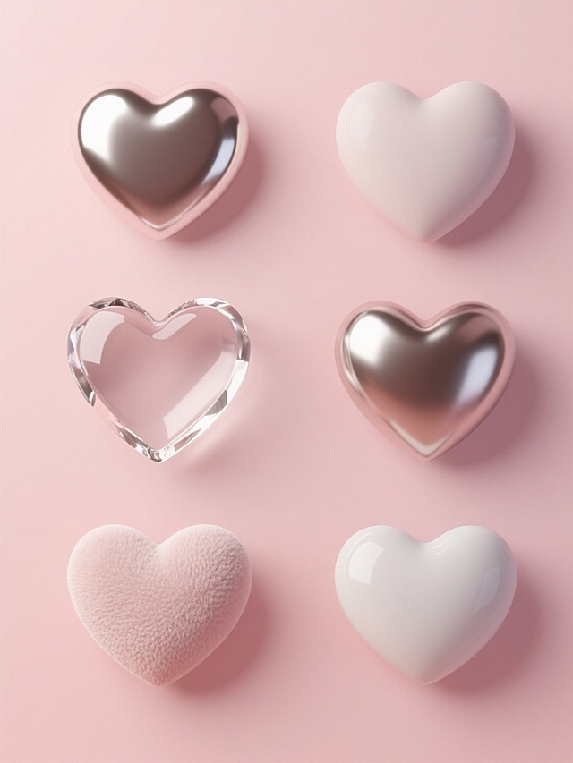 6个不同材质的3D心形物体以规整矩阵排布，保持简约现代造型，每个心形拥有独特质感（如光滑亮面、磨砂哑光、金属光泽、透明水晶、绒布纹理、陶瓷质感等），整体采用纯浅粉色背景，无任何文字、logo及水印，光线柔和均匀，突出心形的立体形态与材质差异，风格统一为简洁3D设计。