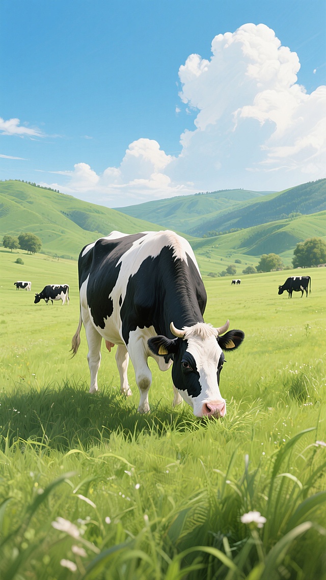 一幅展现牧场主题的写实风格插画，画面中央是一头正在低头吃草的黑白花奶牛，它的身体被茂密的绿色牧草环绕，远处还有几头奶牛在悠闲地漫步。背景是连绵起伏的绿色山丘，天空湛蓝，飘着几朵白云，整体色调清新自然，充满了田园气息。