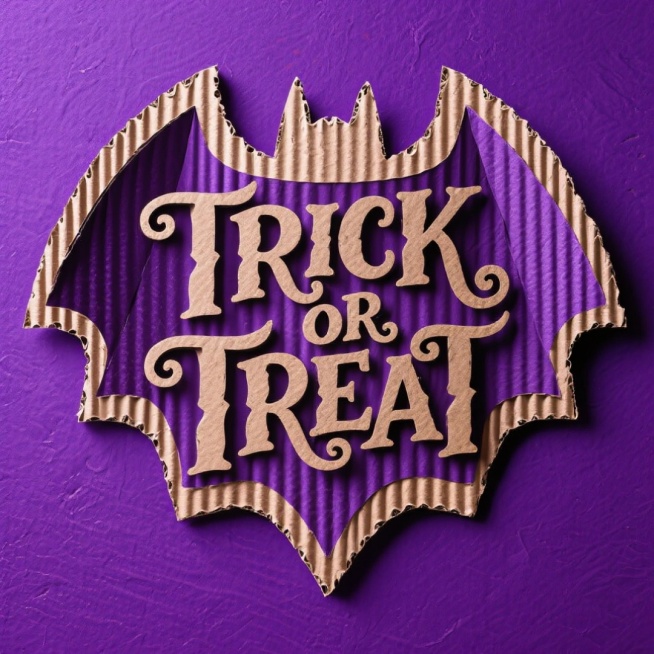“TRICK OR TREAT” 艺术字，背后蝙蝠文本框，背景为暗紫色预览效果