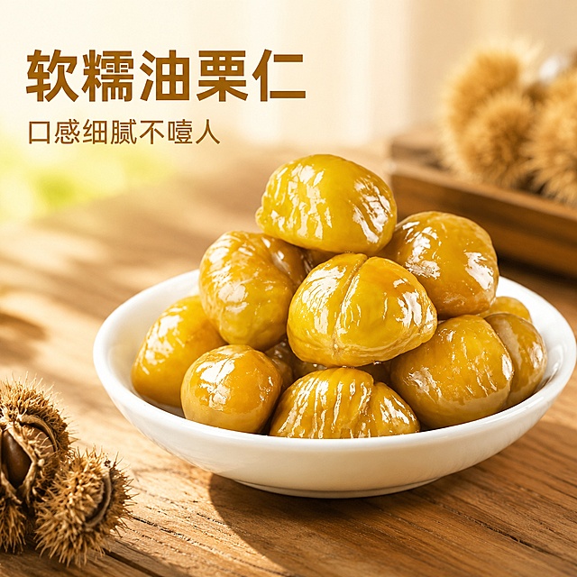 「图片1」，生成一套主图（5张），商品名称是油栗仁板即食，卖点是口感软糯不噎人，适配淘宝/天猫平台，主图比例为1:1
