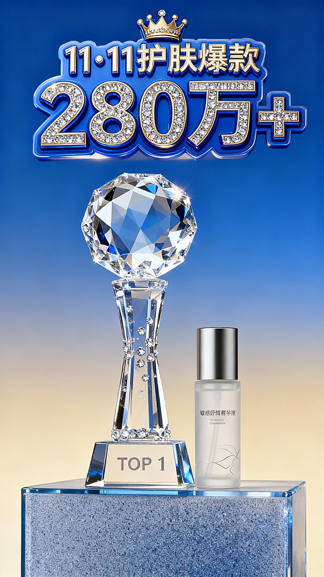 画面中心是水晶奖杯（底座刻 “TOP 1”，杯身嵌细钻），置于蓝灰色磨砂透明展台。商品放展台上。上方是蓝金立体文字牌 “11・11 护肤爆款 280 万 +”，文字牌带小皇冠，“280万+”镶碎钻。背景蓝金渐变。整体高级轻奢，凸显护肤品的精致感。