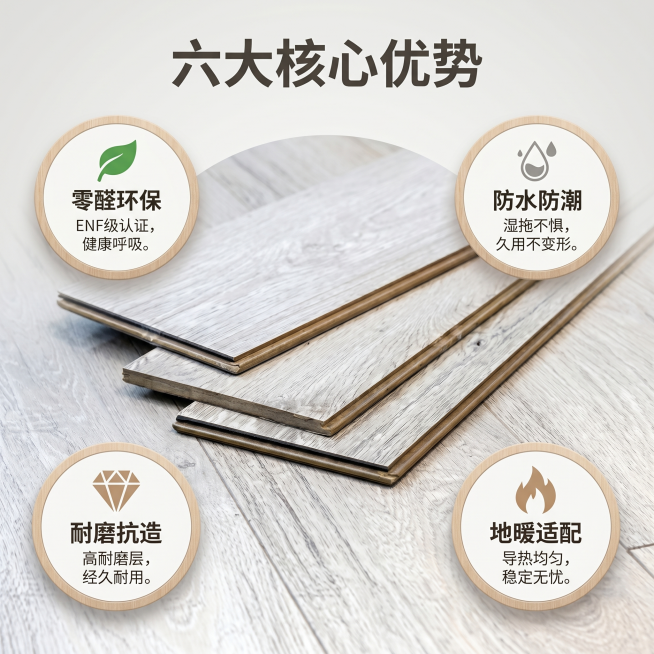 [主图-2] spc锁扣地板核心卖点展示图。[氛围风格] 家居治愈风，专业干净。[画质] 商业摄影质感，光线柔和通透，产品清晰真实，画面干净高级。[元素] 中心放置本款浅灰白色spc锁扣地板板材，展示预览效果