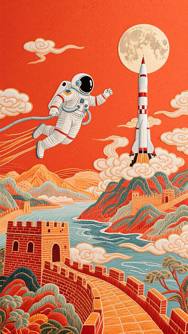 国潮风插画，融合刺绣质感与超现实主义，宇航员飞跃长城，火箭升腾向月，展现未来科技与中式美学的碰撞。