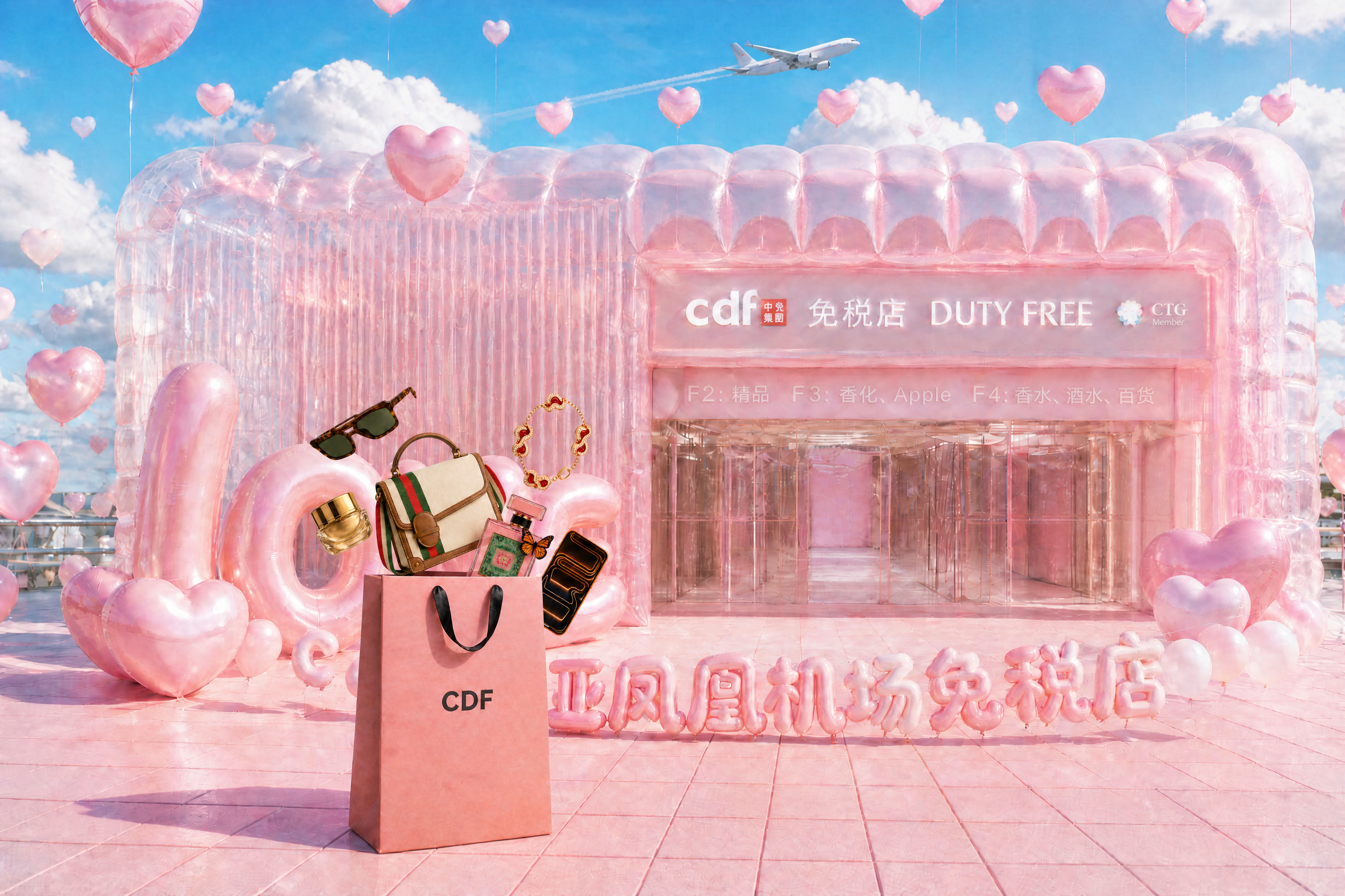 将第一张图中地面上的普通CDF购物袋，替换为第二张图中带有满出… - 图片创意预览