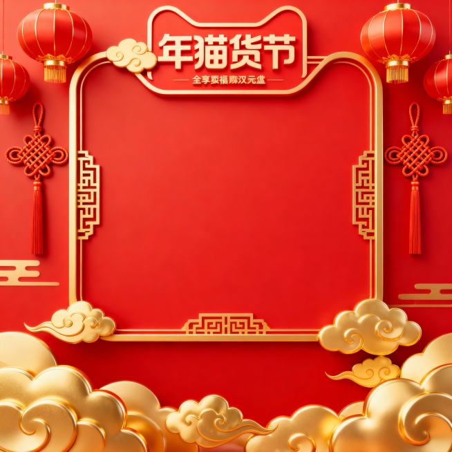 帮我生成关于类似该图的年货节氛围边框，生成5张不一样比例按照天猫店模版进行预览效果