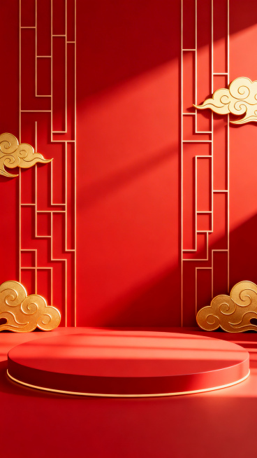 电商直播带货背景图，整体主色调为红色，喜庆热闹的氛围，适合直播带货场景，简洁大气，留有摆放产品和主播的空间预览效果