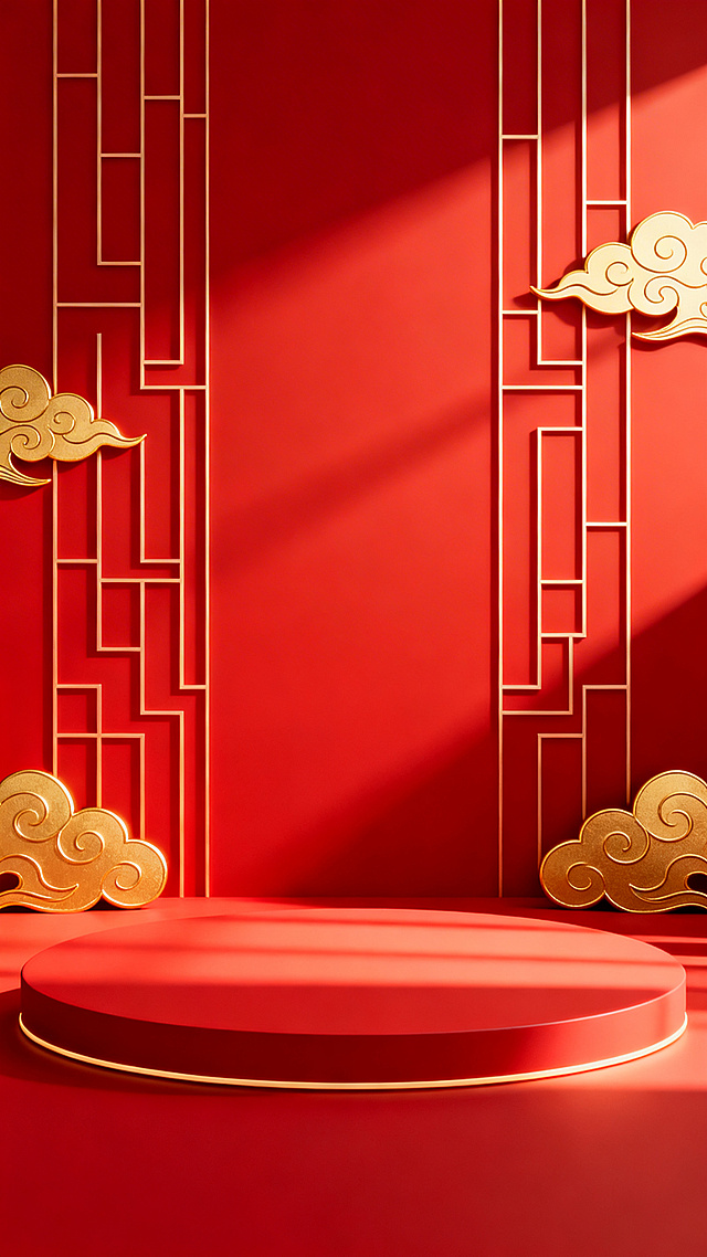 电商直播带货背景图，整体主色调为红色，喜庆热闹的氛围，适合直播带货场景，简洁大气，留有摆放产品和主播的空间