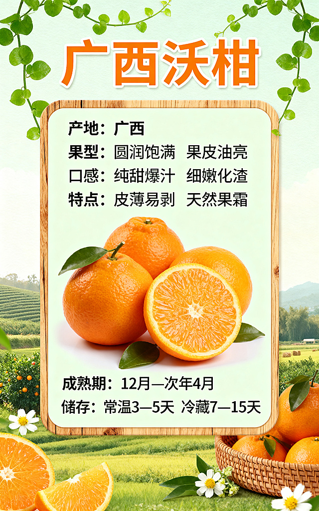 田园风沃柑产品信息图，展示内容："品名：广西沃柑 产地：广西 果型：圆润饱满 果皮油亮 口感：纯甜爆汁 细嫩化渣 特点：皮薄易剥 天然果霜 成熟期：12月—次年4月 储存：常温3—5天 冷藏7—15天"，背景带有清新田园元素
