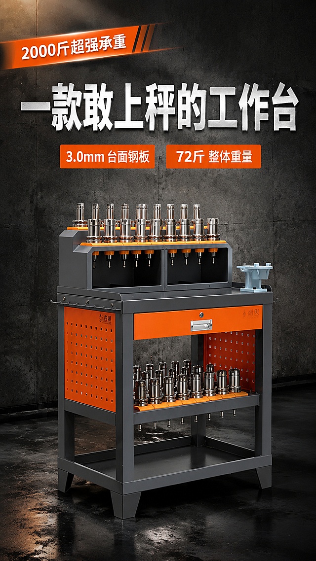 [第1屏] 详情页头图-A34重型工作台主视觉海报。本屏使用【图1】作为商品主体，参考【图2】的版式与风格。
[氛围/风格] 工业硬核风，深灰水泥质感背景，强光效突出金属质感，商业摄影级光影，厚重专业感。
[元素布局] A34重型工作台置于画面中下偏右，占比约65%，45°斜侧视角展示全貌；产品结构、颜色（灰橙配色）、双层刀架、抽屉、挂板、底层置物层与输入图完全一致；背景为深灰色工业水泥墙面+深色地面，左上角有橙色飘带装饰，台面有轻微反光。
[光影质感] 左上方硬光主照明，右侧辅光补光，产品底部自然投影，金属边缘高光锐利，整体明暗对比强烈，突出工业厚重感。
[配色色系] 全局底色 #2A2A2A 深灰黑；主色 #FF6B00 橙色；辅助色 #666666 中灰、白色文字。
[视角构图] 微仰视45°斜侧角，产品为视觉中心，阅读动线顶部标题→中部产品→底部信息。
[文字版式] 顶部橙色飘带标签写「2000斤超强承重」；主标题「一款敢上秤的工作台」白色粗黑体大字居中偏上；副标题下方两个橙底白字方块，左「3.0mm 台面钢板」右「72斤 整体重量」；文字不遮挡产品主体。
[比例分辨率] 9:16竖版比例，4K分辨率，文字清晰可辨，高清画质。
[负向提示词] 产品变形，结构错误，缺件错件，颜色偏差，水印，文字错乱，文字过小，背景杂乱，产品模糊。