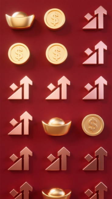 抽象几何设计，极简主义。由光滑的金色和玫瑰金制成的金币、元宝和上升箭头图标，在哑光深红色背景上以重复图案排列。奢华、现代、干净。轻微的发光效果。高端产品渲染风格。预览效果