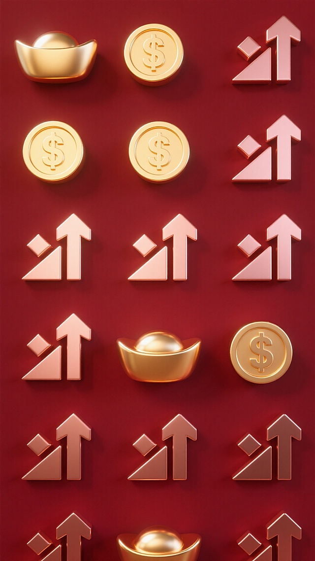 鎏金风3D图标阵列，融合金币、金元宝与上升箭头，重拟物设计凸显奢华商务感，红金配色传递节日喜庆与财富寓意。