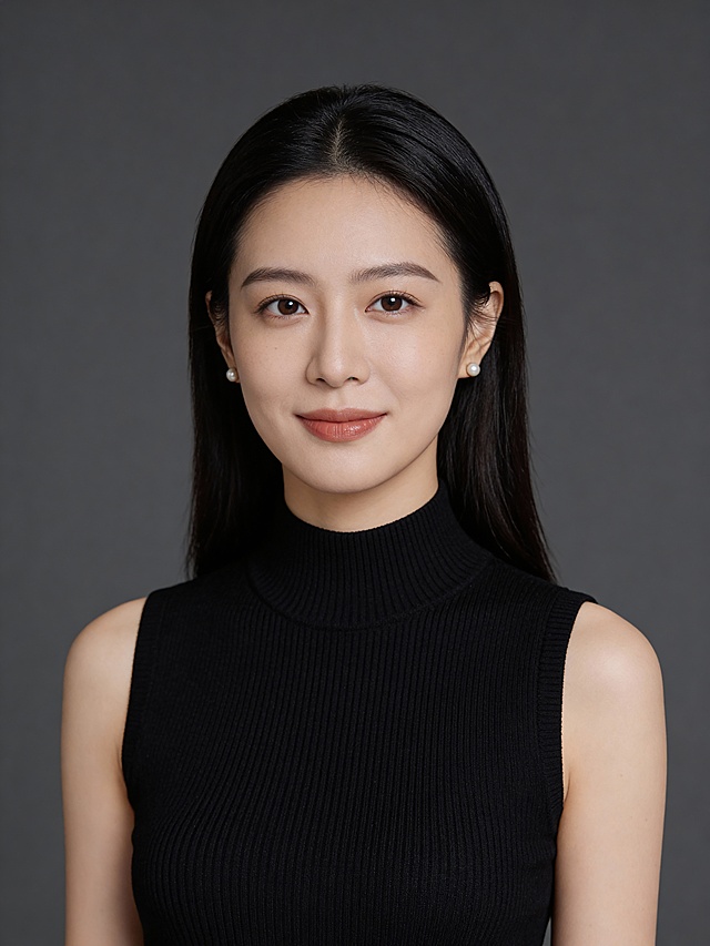 参考第一张图保留人物脸型､发型､年龄等特征生成领英风职场简约高级风格的女性肖像写真,优雅精致气质沉稳大气,竖幅(纵向构图);中近景(覆盖头部､肩部及胸部)人物占画面约70%,左右背景留少量空间,参考第二张图人物占位和比例,头部发型完整,平视视角(与人物视线平齐);深黑色无袖中领针织衫,搭配精致小珍珠耳钉,风格简约,精致优雅沉稳+舒展自信;嘴角浅淡微笑,眼神平和从容,神态端庄松弛;站姿,双臂自然下垂,双手隐于画面外,姿态规整舒展,传递出自信从容的气场.肩部自然放松,姿态端庄得体,发质柔顺,清透精致妆容,底妆细腻服帖,眼妆柔和自然,唇妆为浅棕红调,影棚柔布光,光线均匀柔和,突出面部轮廓与发丝光泽,肤质细腻通透,带自然柔润光泽;质感高级冷调黑灰主色调,色调沉稳高级,高清细腻(衣物质感､发丝细节清晰)无明显滤镜,纯中深灰色(低饱和度)纯色平滑质感背景｡32K高清画质,严格按照第一张图片的内容生成｡
