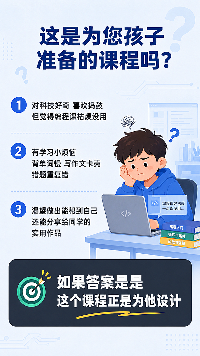 [第2屏] 课程适配人群痛点直击。
[氛围/风格] 场景对比风，简洁清晰，问题导向，亲子教育感。
[元素布局] 画面分为上下两部分，上半部分列出三个孩子常见学习困境问题，下半部分给出课程定位结论。左侧保留文字区域，右侧搭配简约卡通场景插图：孩子坐在电脑前面对枯燥编程课皱眉思考。背景保持浅科技蓝色，页面点缀小问号装饰图标。
[光影质感] 整体光线均匀柔和，文字区域清晰明亮，插图部分色彩柔和不抢主体，信息层次分明。
[配色色系] 全局底色：#F5F9FF（浅科技蓝）；主体配色：#2563EB（主色深蓝）+ #10B981（辅助绿）+ #1E293B（文字深灰）；辅助色：#FBBF24（亮点黄）。
[视角构图] 正面竖版构图，从上到下信息自然流动，问题分点排列留白充足。
[文字版式] 顶部大标题："这是为您孩子准备的课程吗？"，加粗深蓝色，居中排列；下方三个问题分点：
1. "对科技好奇 喜欢捣鼓 但觉得编程课枯燥没用"
2. "有学习小烦恼 背单词慢 写作文卡壳 错题重复错"
3. "渴望做出能帮到自己 还能分享给同学的实用作品"
每个问题前添加蓝色圆形序号，左对齐排版；底部深灰色块白色结论文字："如果答案是是 这个课程正是为他设计"。文字清晰，移动端可读，层级分明。
[比例分辨率] 宽高比9:16，宽度1080像素，高度1920像素，2K分辨率，文字清晰可辨，超高清。
[负向提示词] 变形，水印，文字错乱，背景杂乱，低俗，极限词，第三方导流信息。