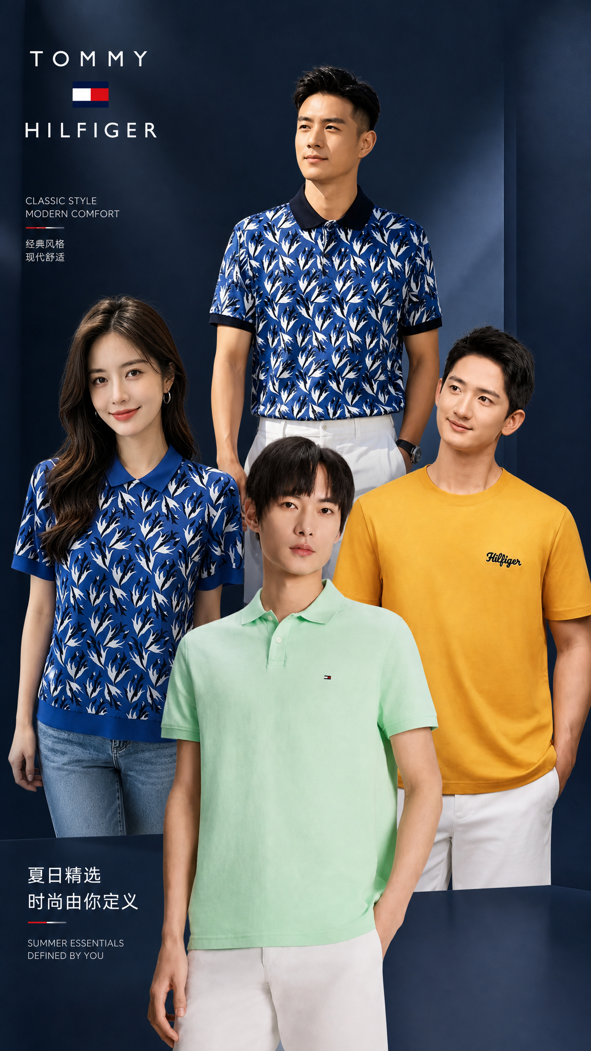 将四张Tommy品牌产品图整合为一张单品集合推广海报，背景主色… - 图片创意预览