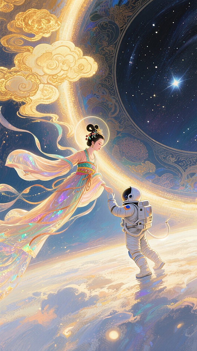 对角线构图，画面左侧嫦娥斜飞在天空（披帛向右飘）向下与宇航员互动，背景左侧暖金祥云光晕、右侧星河与国风圆形元素，光影从中心向四周扩散。古今对话、跨越时空的奇幻浪漫感。