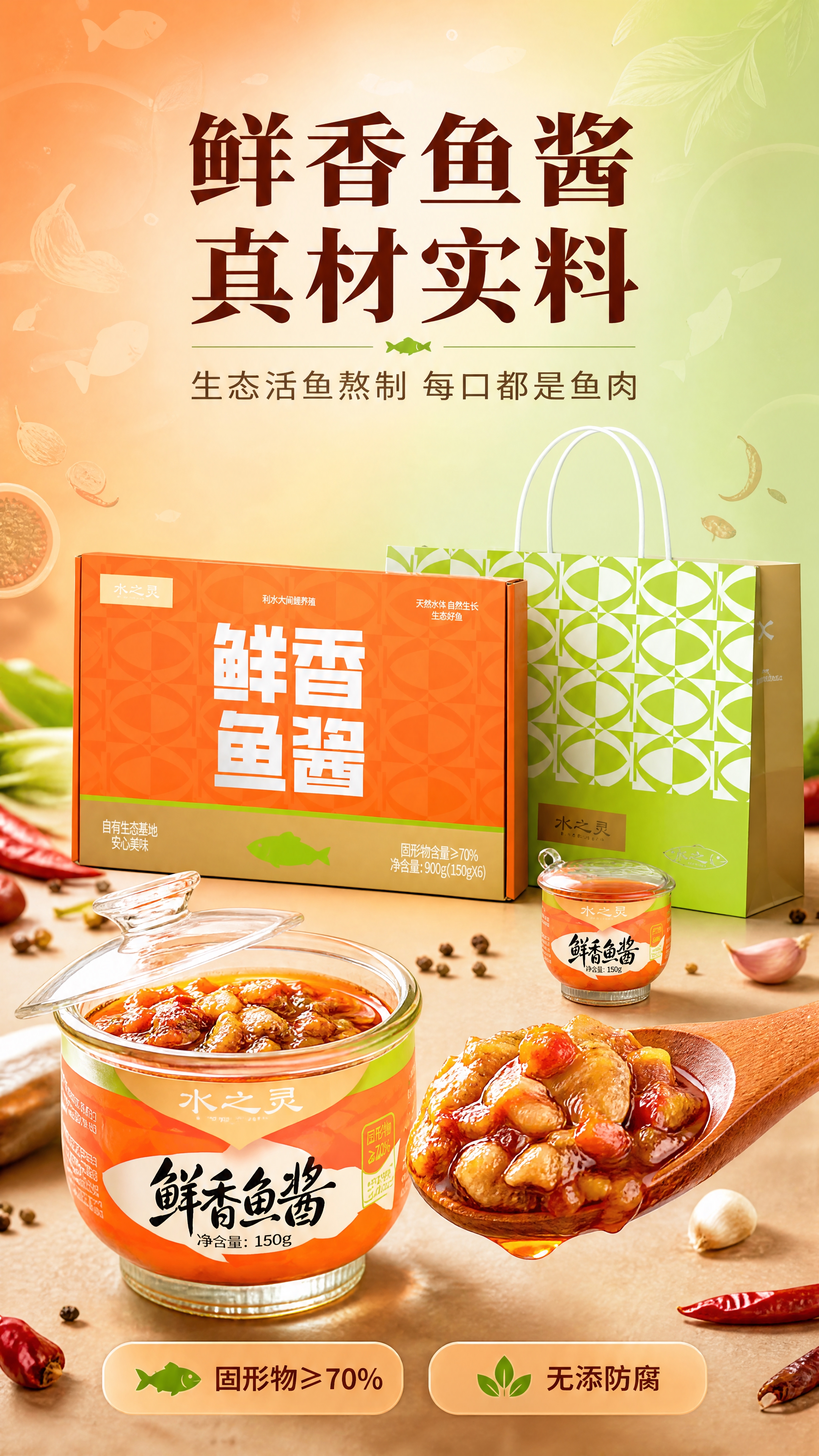 [商品] 使用【图2】水之灵鲜香鱼酱礼盒装+单瓶，【图1】礼袋… - 图片创意预览