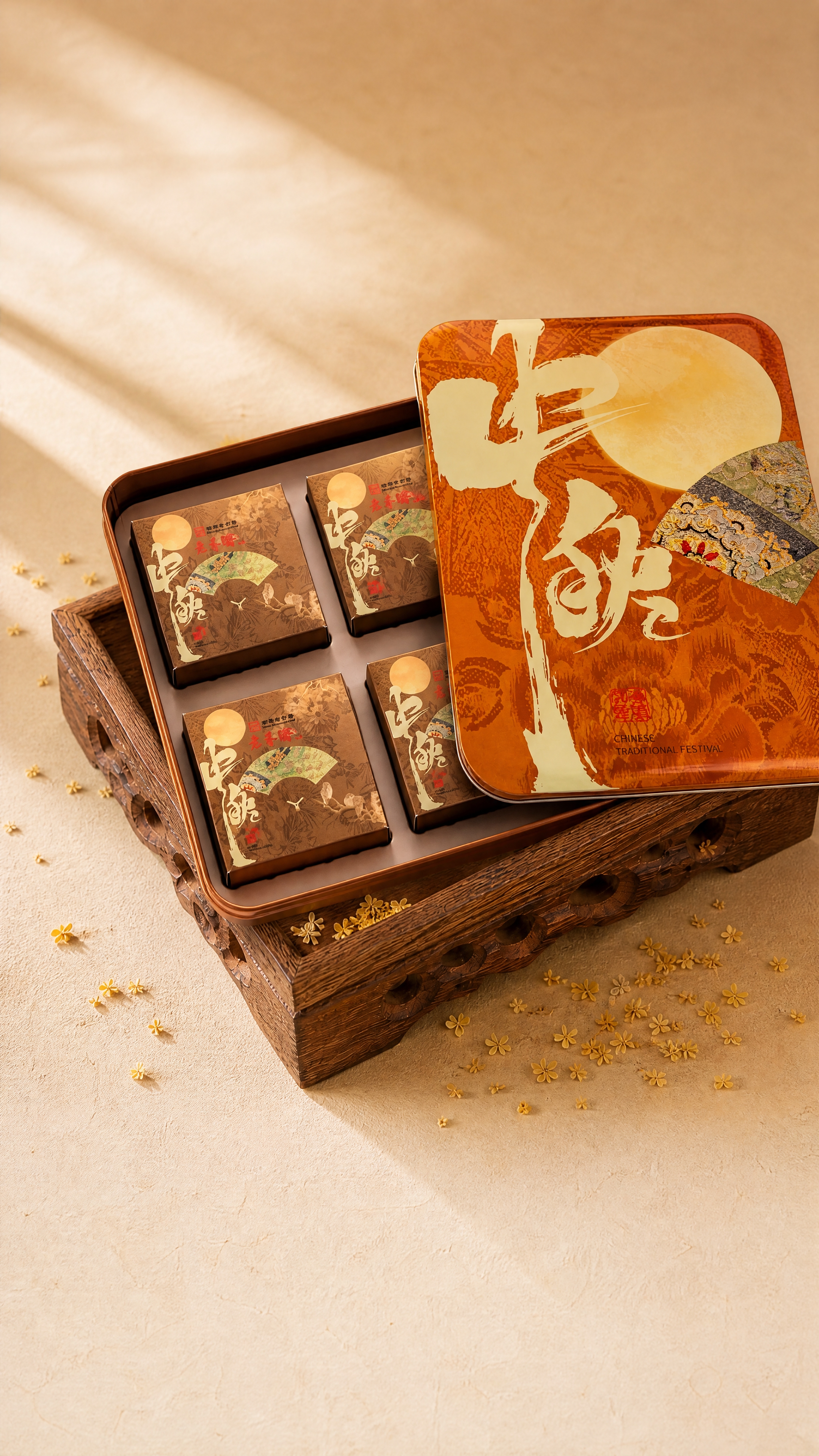 以第二张图为背景基底，保持米色暖调背景、散落桂花、木托盘的位置… - 图片创意预览
