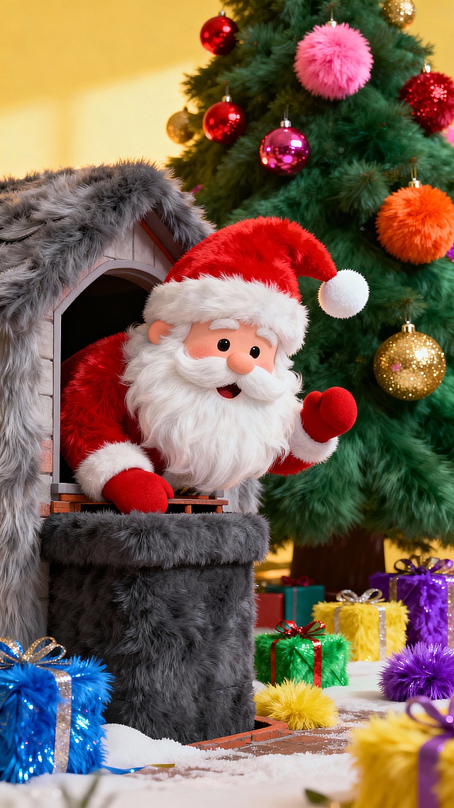 3D卡通风格圣诞场景，毛发生长质感的圣诞老人从屋内烟囱探出头来，搭配面料风礼物与彩球装饰树，营造温馨喜庆氛围。一个圣诞老人从屋内烟囱探出头来的特写，地上散落着色彩缤纷的礼物，背景远处还有一个巨大的圣诞树