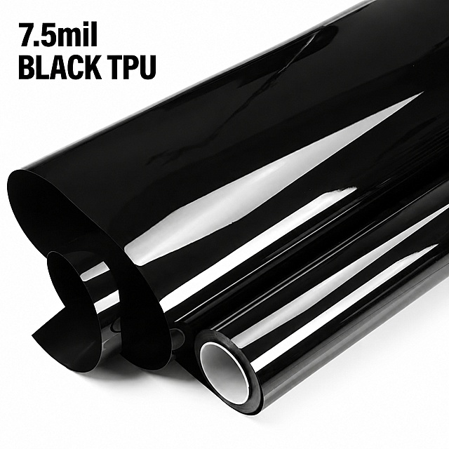 [Main image 1 re-generated] 7.5mil Black TPU Paint Protection Film full roll product centered on pure white background #FFFFFF. Keep product appearance physical structure glossy black material and thickness consistent with the original input images, no distortion. Product occupies 85%+ of the frame, clean and professional. Show the glossy surface and highlight the premium material. Text "7.5mil BLACK TPU" in upper left corner, clear and legible. 1:1 square, 2K ultra HD commercial photography, soft even light. Negative prompt: distortion, text error, blurry, messy background, watermark, logo