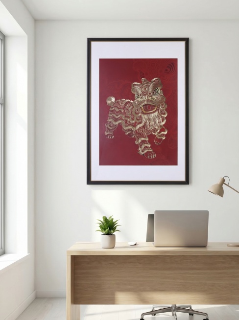 将这张金色醒狮装饰画100%还原原有画框尺寸、画面色彩内容和清晰度，生成它挂在现代简约办公室场景中的挂画效果图，最终图片输出比例为3:4预览效果