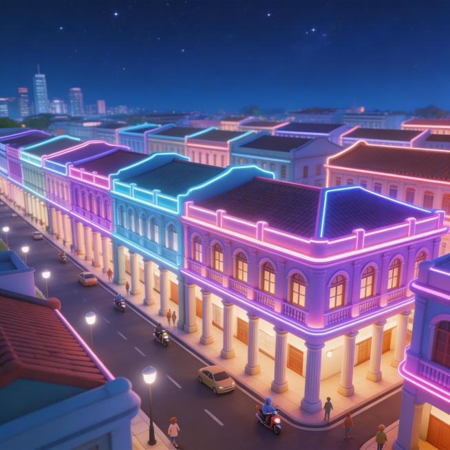 无人机航拍视角，五脚基骑楼连片的新加坡街道夜景，骑楼建筑搭配智能光影效果，霓虹灯带勾勒建筑轮廓，智能灯光照亮街道，突出智能光影技术发展，动画风格预览效果