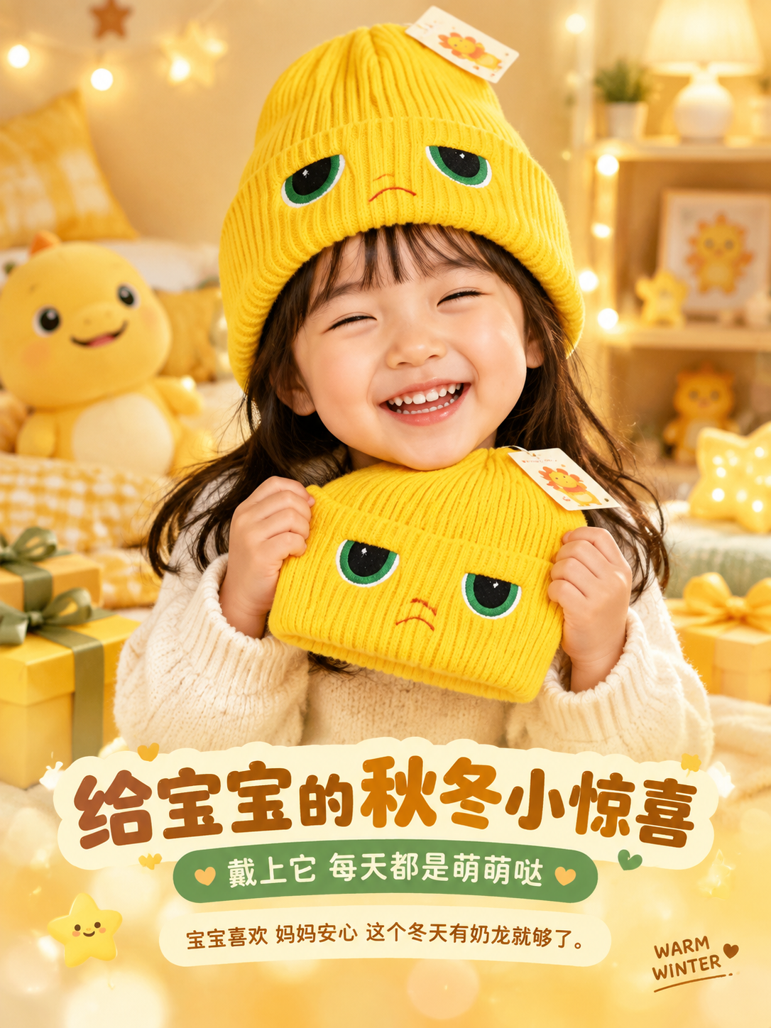 [商品] 使用【图1】亮黄色奶龙表情儿童针织帽；作为礼物场景中… - 图片创意预览