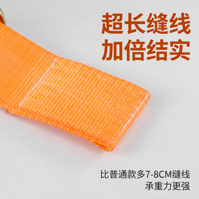 [主图 3] 拉紧器缝线细节特写主图
[氛围风格] 质感工业风，突出工艺细节
[画质] 商业摄影质感、光线清晰通透、产品清晰真实、画面干净高级
[元素] 放大特写拉紧器接头部位的缝线工艺，橙色织带的多预览效果