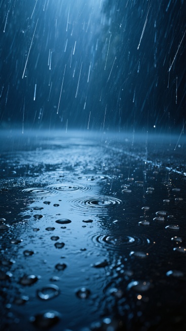 深蓝色调的雨天场景，画面中大量倾斜的雨丝密集落下，雨丝呈现出半透明的白色光泽，在深蓝色背景中形成明显的视觉层次。地面覆盖着积水，水面上布满大小不一的雨滴溅起的涟漪和水泡，反射着微弱的光线，营造出湿润而富有质感的地面效果。整体画面具有强烈的氛围感，光线柔和，阴影细腻，雨丝的动态感和积水的静态质感形成对比，呈现出宁静而略带忧郁的雨天氛围。预览效果